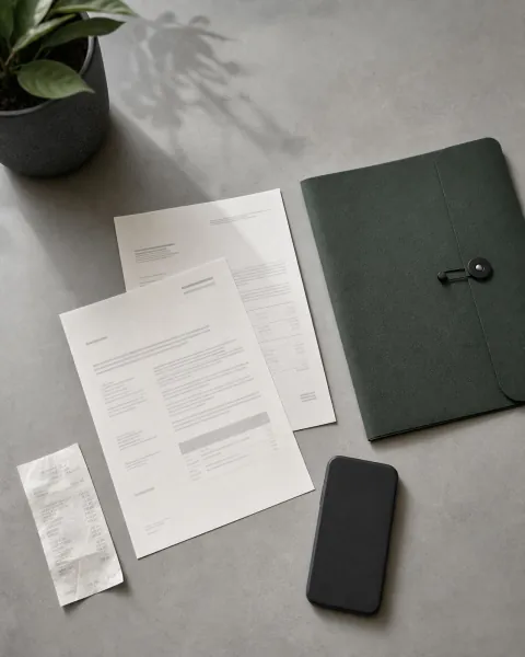 Documents, a receipt, a phone, and a green folder arranged on a desk