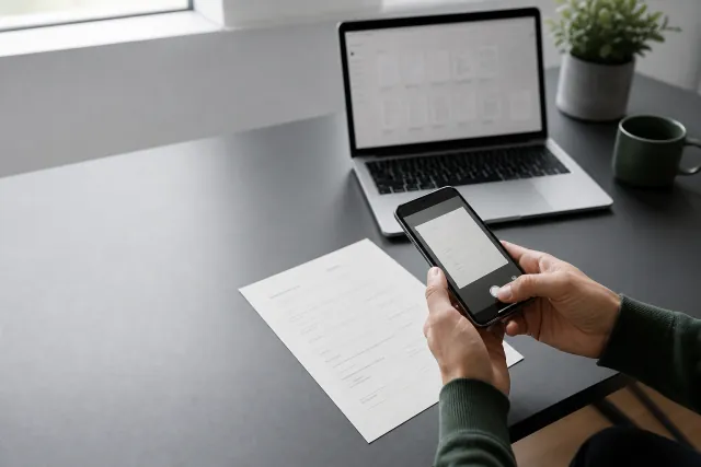 A person scanning a paper document with a phone beside a laptop