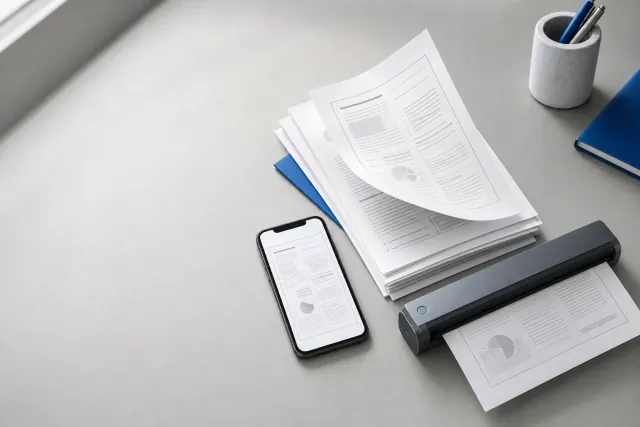 Documents beside a phone and desktop scanner
