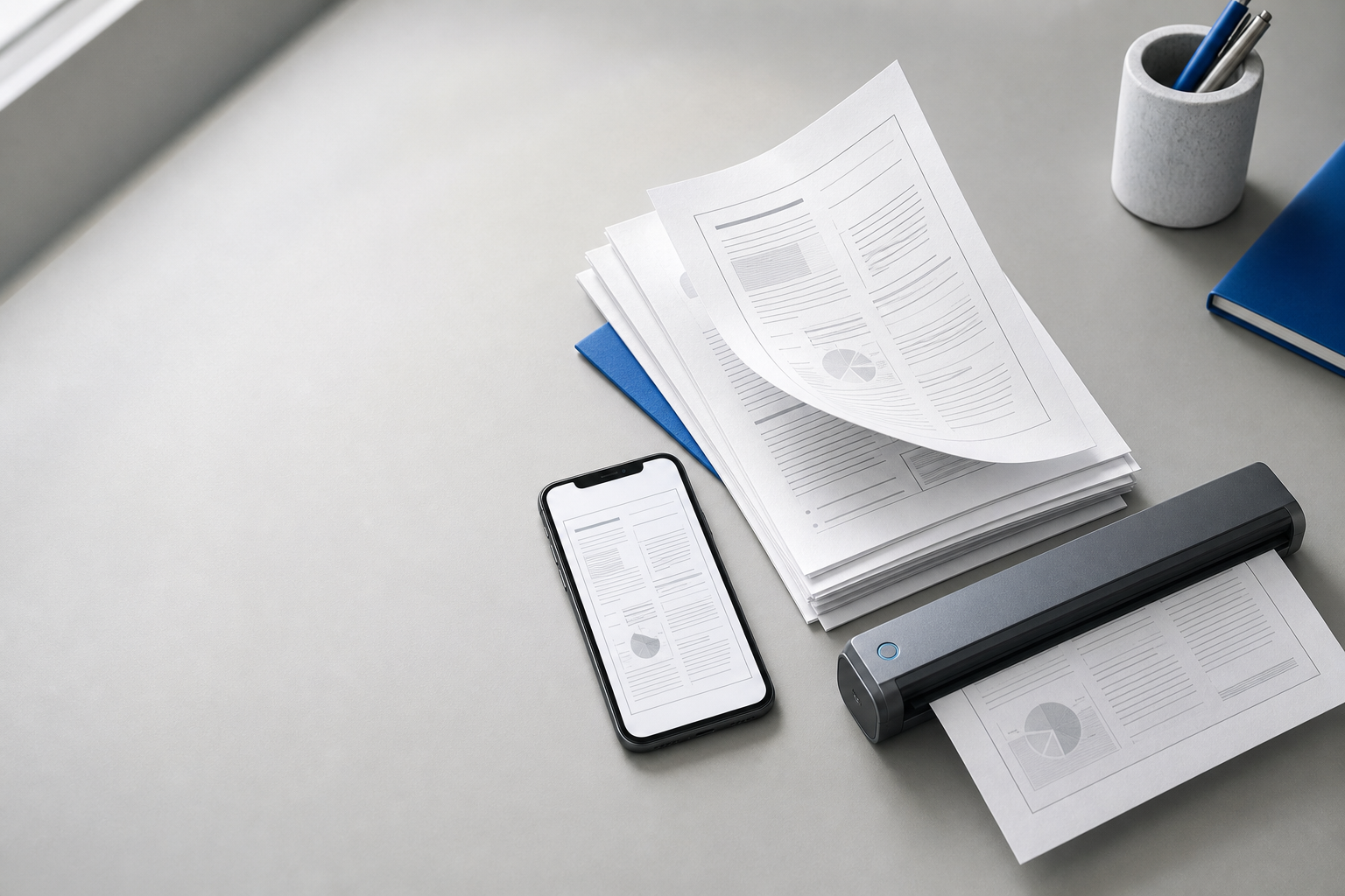 A mobile phone and desktop document scanner beside a stack of documents